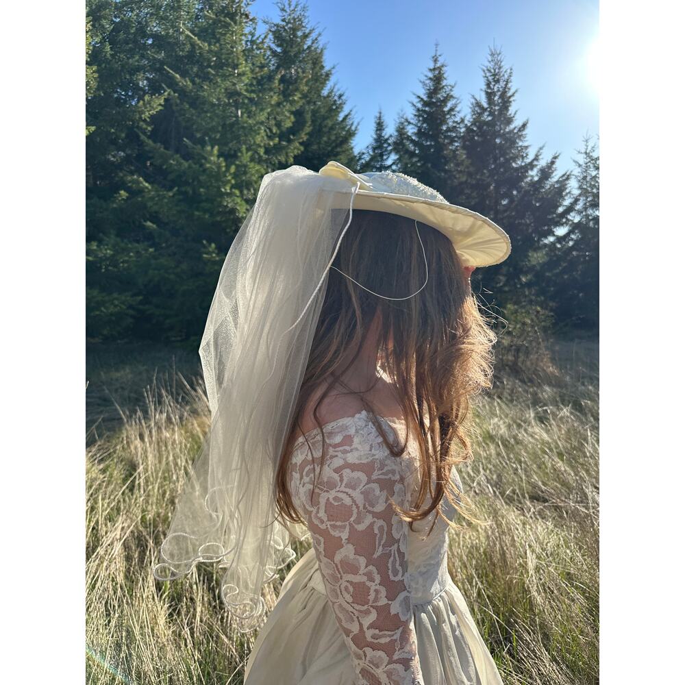 Veiled Bonnnet Ivory Satin Beaded Lace Pearl Overlay Pencil Edged Veil Edwardian